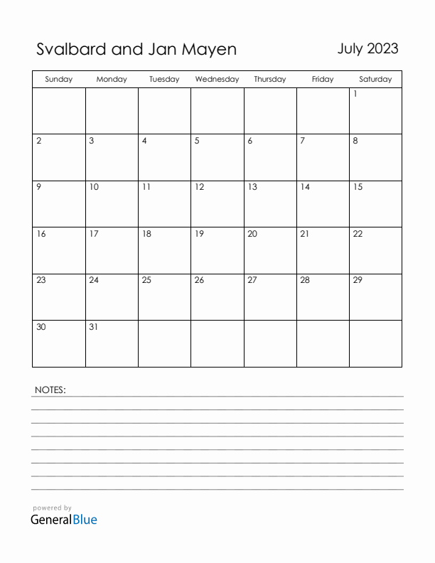 July 2023 Svalbard and Jan Mayen Calendar with Holidays (Sunday Start)