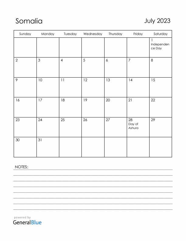 July 2023 Somalia Calendar with Holidays (Sunday Start)