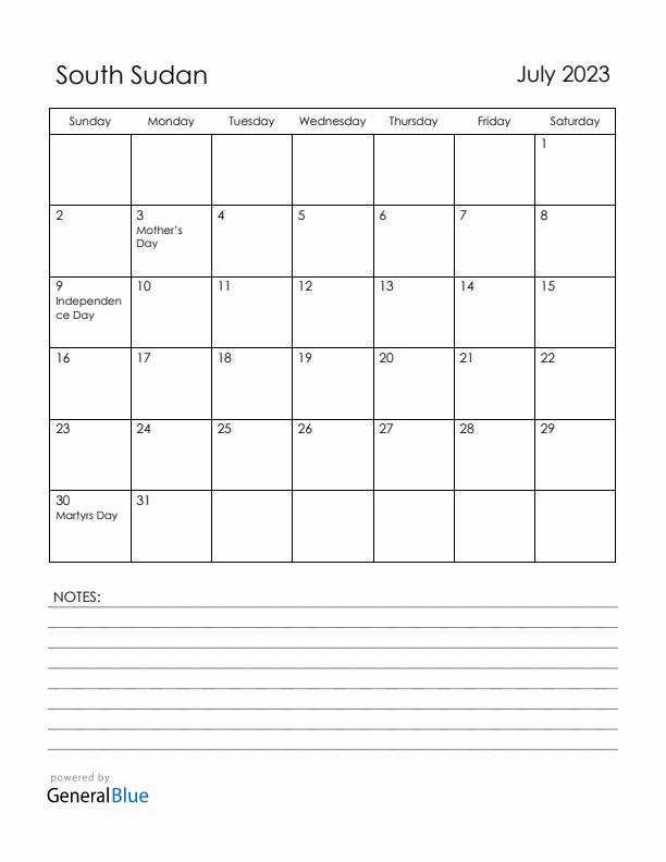 July 2023 South Sudan Calendar with Holidays (Sunday Start)