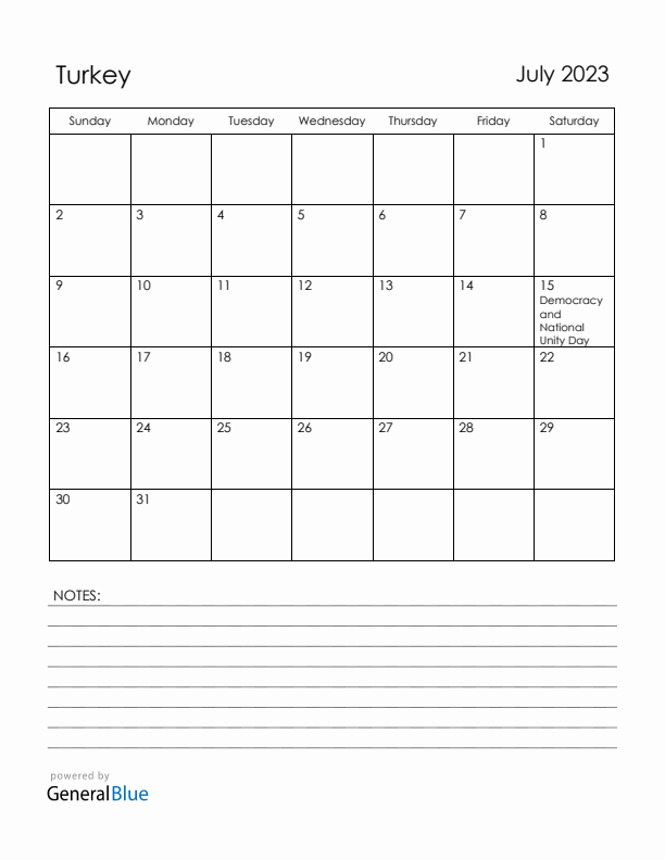 July 2023 Turkey Calendar with Holidays (Sunday Start)