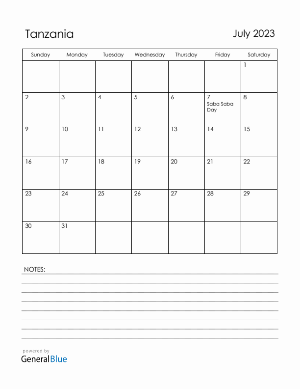 July 2023 Tanzania Calendar with Holidays (Sunday Start)