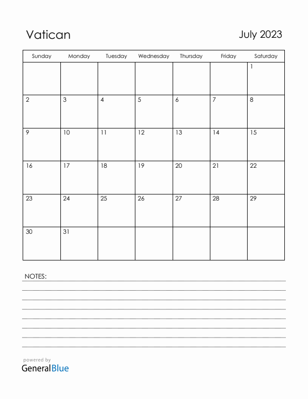 July 2023 Vatican Calendar with Holidays (Sunday Start)