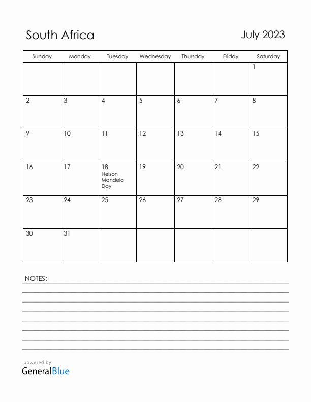 July 2023 South Africa Calendar with Holidays (Sunday Start)