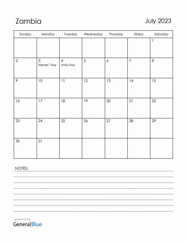 July 2023 Zambia Calendar with Holidays (Sunday Start)