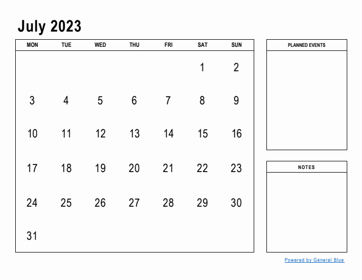 July 2023 Calendar Planner