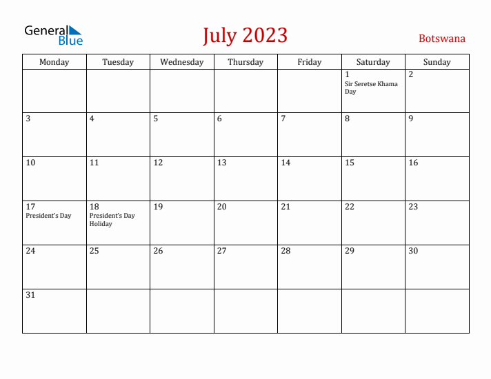 Botswana July 2023 Calendar - Monday Start