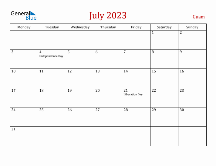 Guam July 2023 Calendar - Monday Start