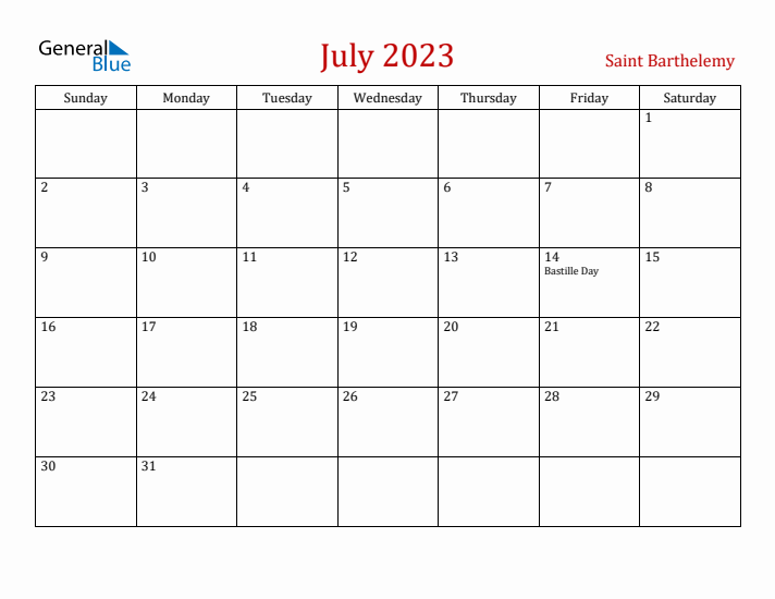 Saint Barthelemy July 2023 Calendar - Sunday Start