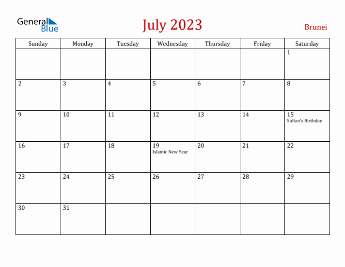 Brunei July 2023 Calendar - Sunday Start