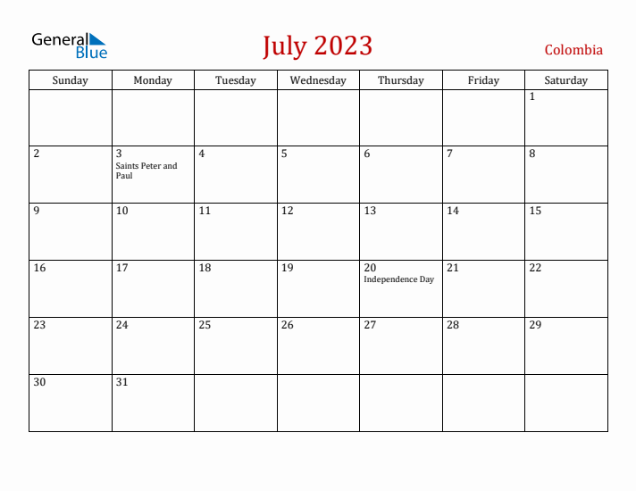 Colombia July 2023 Calendar - Sunday Start