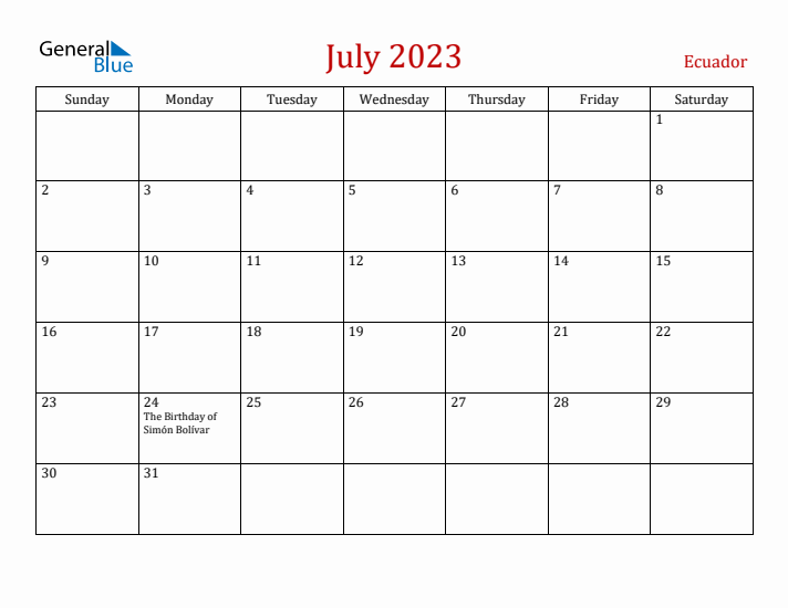 Ecuador July 2023 Calendar - Sunday Start