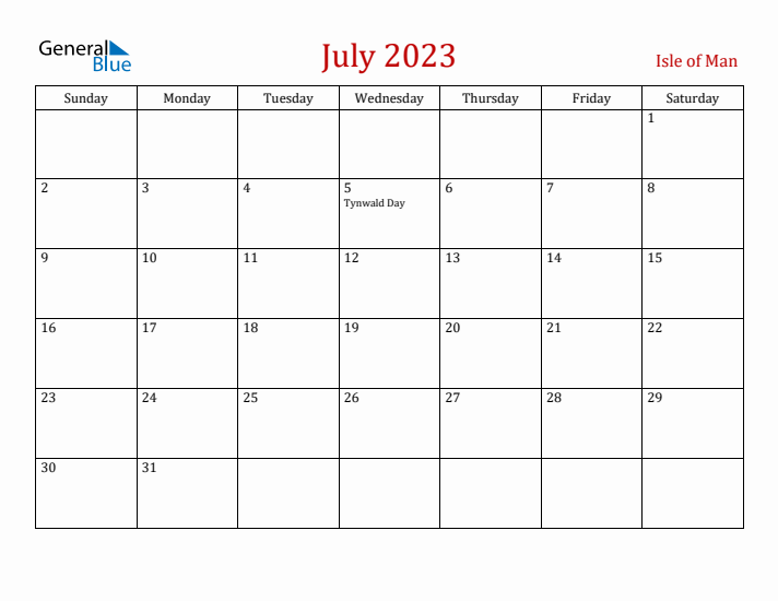 Isle of Man July 2023 Calendar - Sunday Start