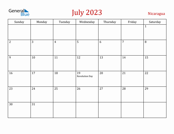 Nicaragua July 2023 Calendar - Sunday Start