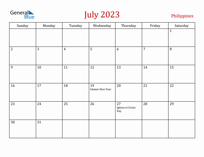 Philippines July 2023 Calendar - Sunday Start