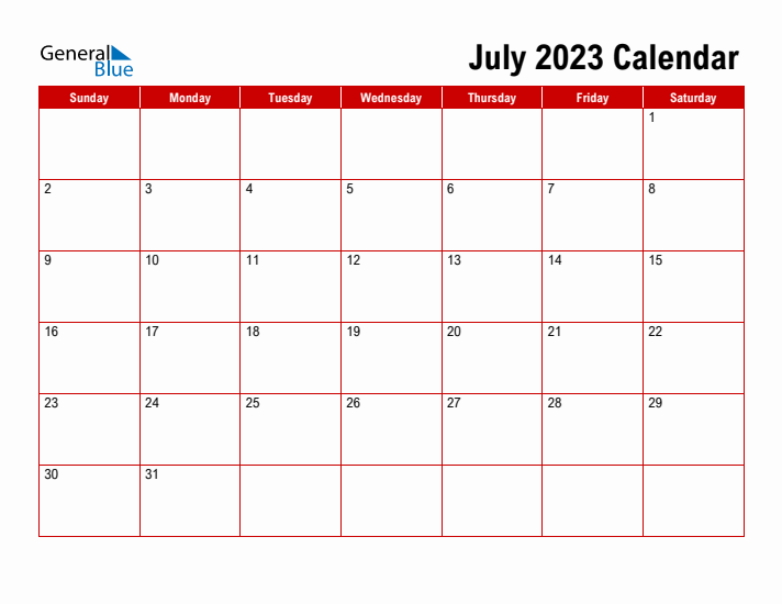 Simple Monthly Calendar - July 2023