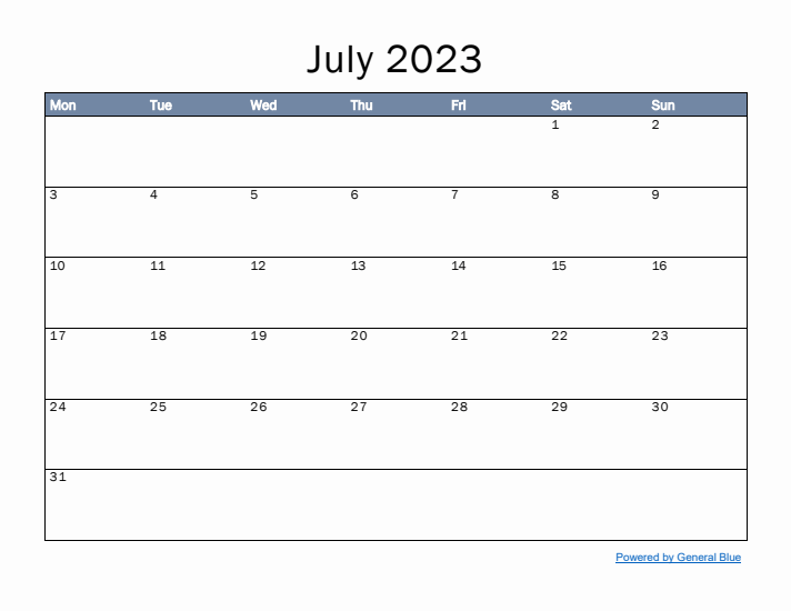 July 2023 Simple Month Calendar Template