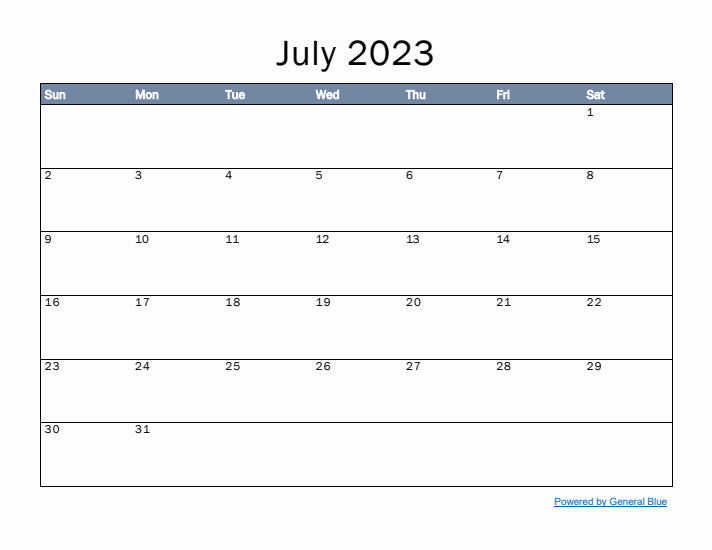 July 2023 Simple Month Calendar Template