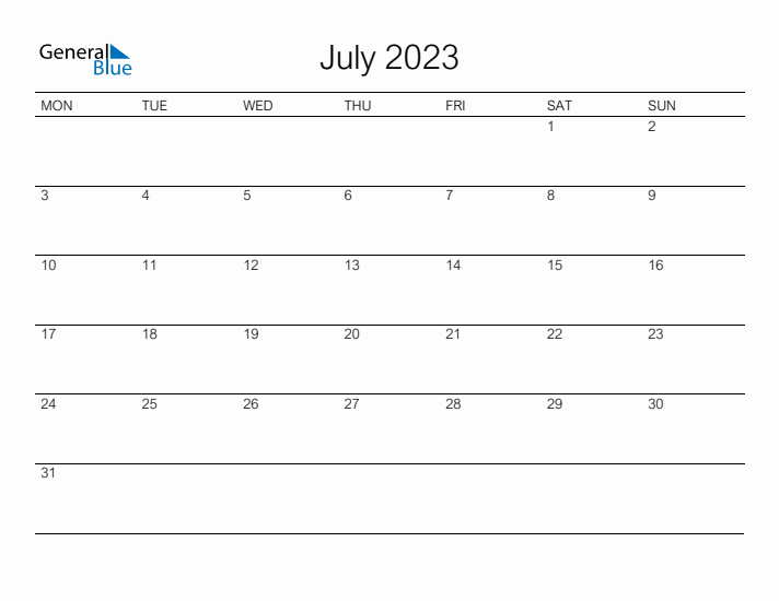 Printable July 2023 Calendar - Monday Start