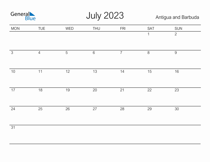 Printable July 2023 Calendar for Antigua and Barbuda