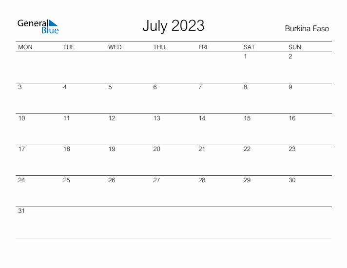 Printable July 2023 Calendar for Burkina Faso