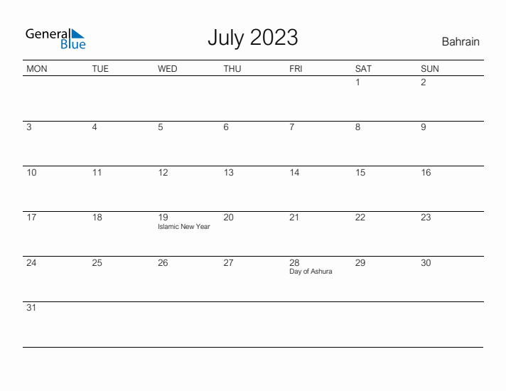 Printable July 2023 Calendar for Bahrain