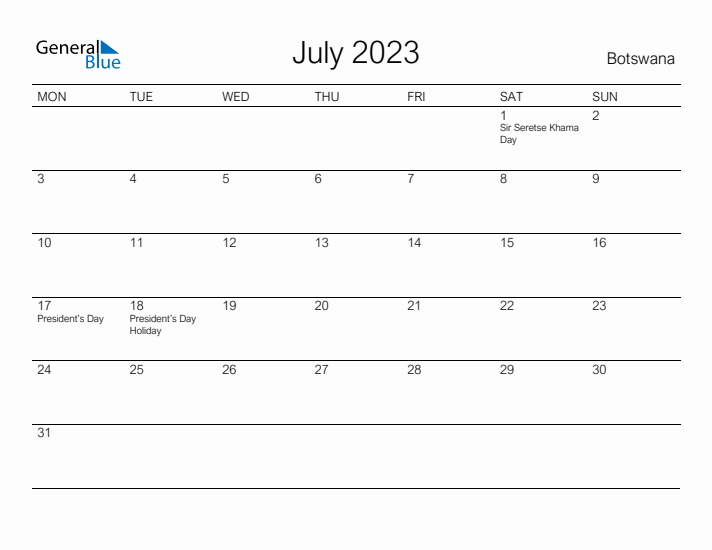 Printable July 2023 Calendar for Botswana