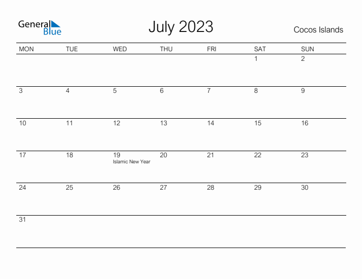 Printable July 2023 Calendar for Cocos Islands