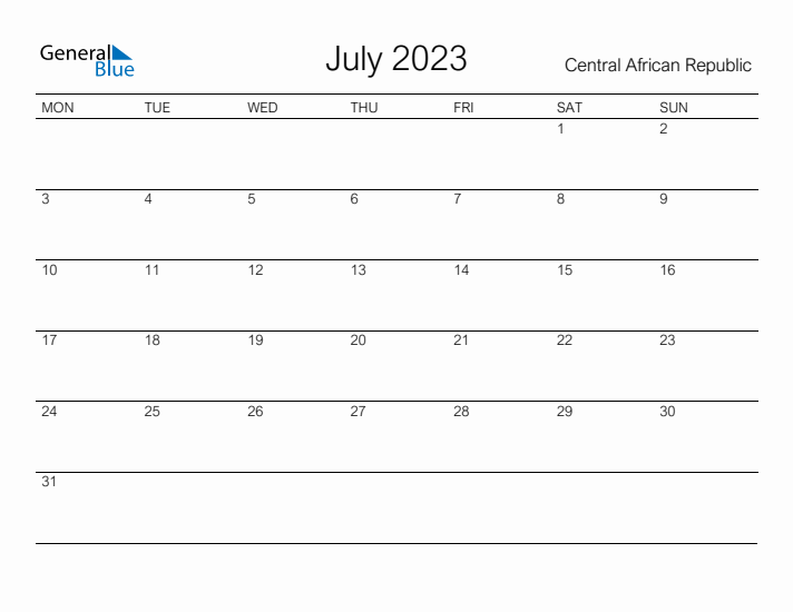 Printable July 2023 Calendar for Central African Republic