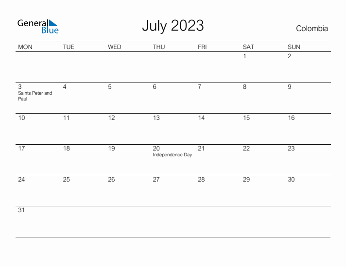 Printable July 2023 Calendar for Colombia