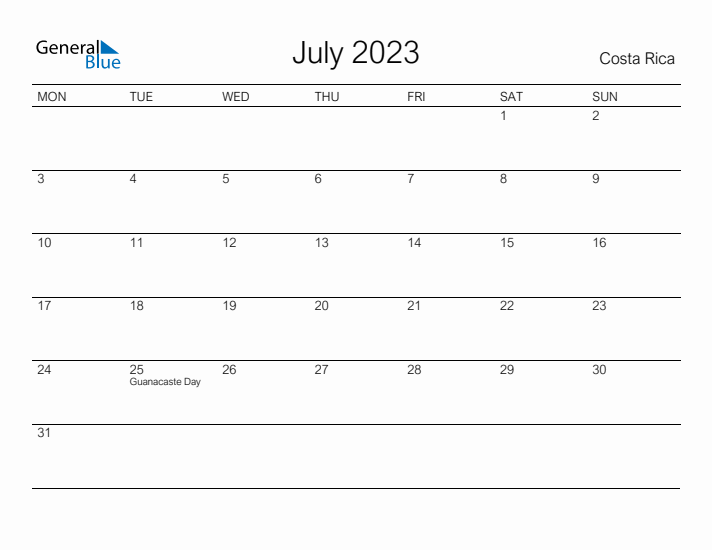 Printable July 2023 Calendar for Costa Rica