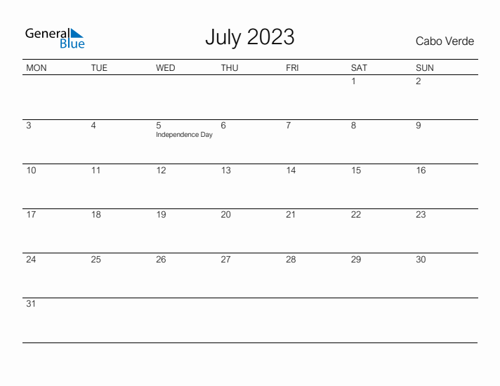 Printable July 2023 Calendar for Cabo Verde