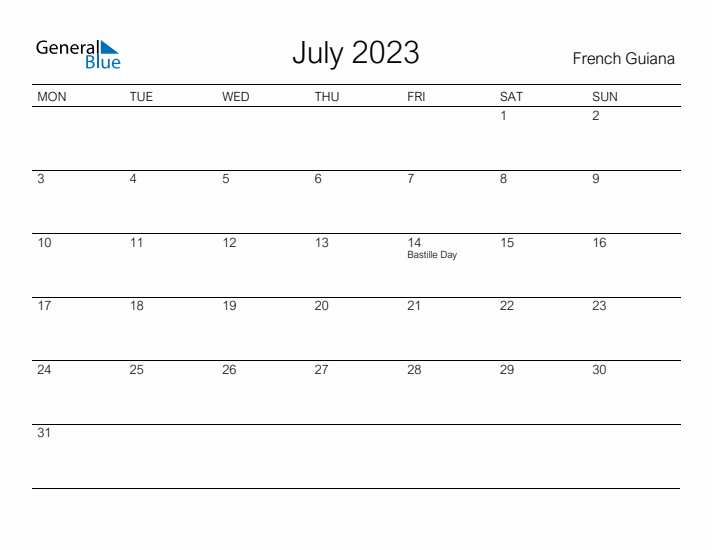 Printable July 2023 Calendar for French Guiana