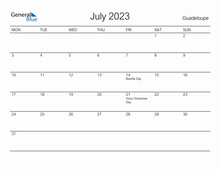 Printable July 2023 Calendar for Guadeloupe