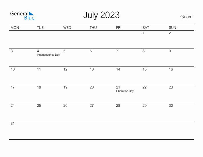 Printable July 2023 Calendar for Guam