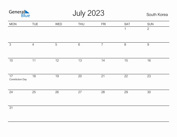 Printable July 2023 Calendar for South Korea