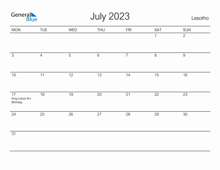 Printable July 2023 Calendar for Lesotho