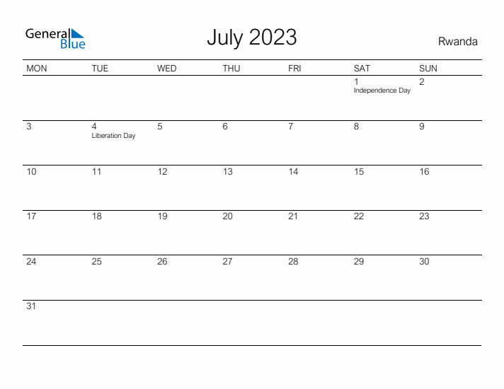 Printable July 2023 Calendar for Rwanda