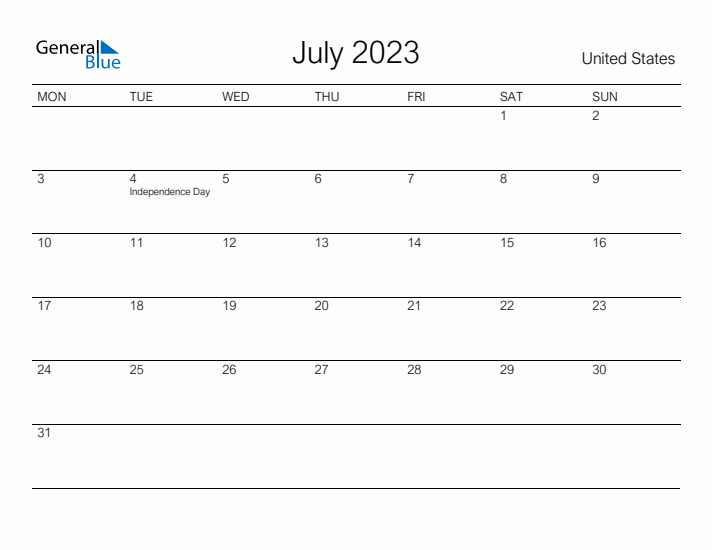 Printable July 2023 Calendar for United States