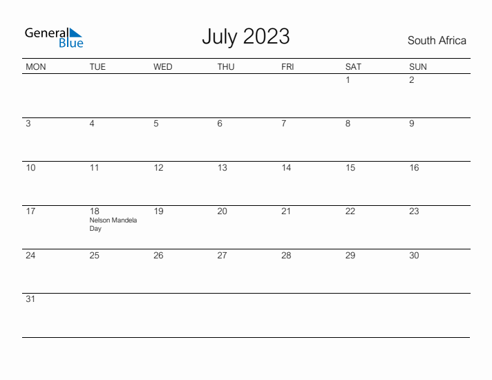 Printable July 2023 Calendar for South Africa