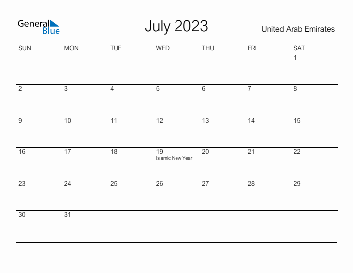 Printable July 2023 Calendar for United Arab Emirates