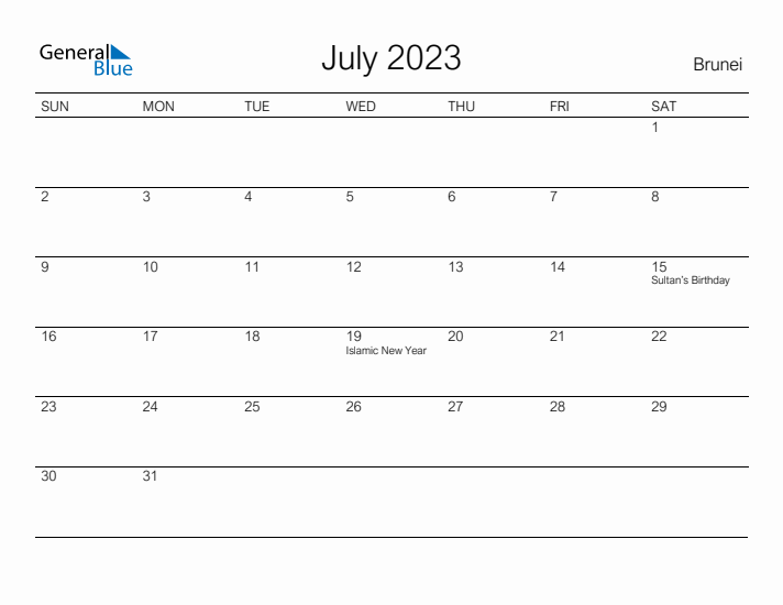 Printable July 2023 Calendar for Brunei