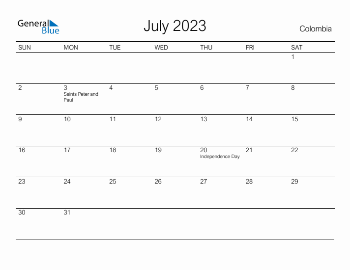 Printable July 2023 Calendar for Colombia