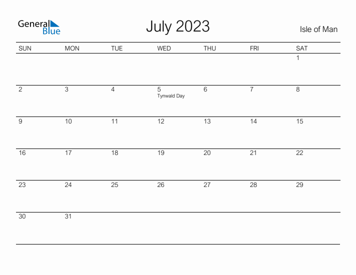 Printable July 2023 Calendar for Isle of Man