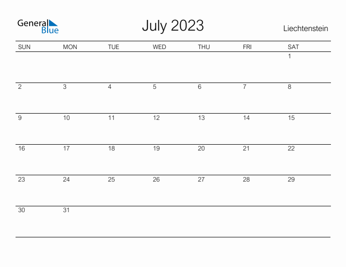 Printable July 2023 Calendar for Liechtenstein