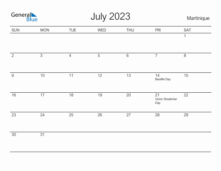 Printable July 2023 Calendar for Martinique