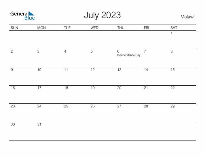 Printable July 2023 Calendar for Malawi