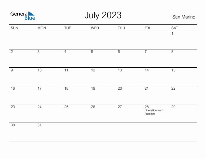 Printable July 2023 Calendar for San Marino