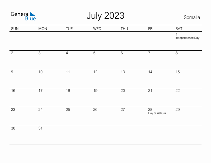 Printable July 2023 Calendar for Somalia