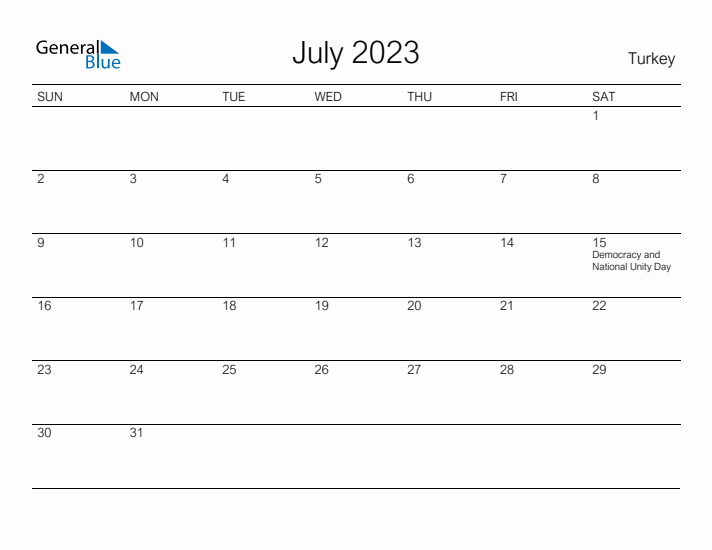 Printable July 2023 Calendar for Turkey