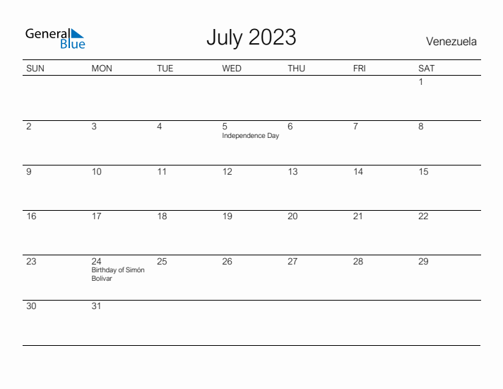 Printable July 2023 Calendar for Venezuela